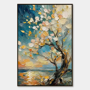 Handmade impasto oil painting of a blossoming tree by the sea in teal and gold tones
