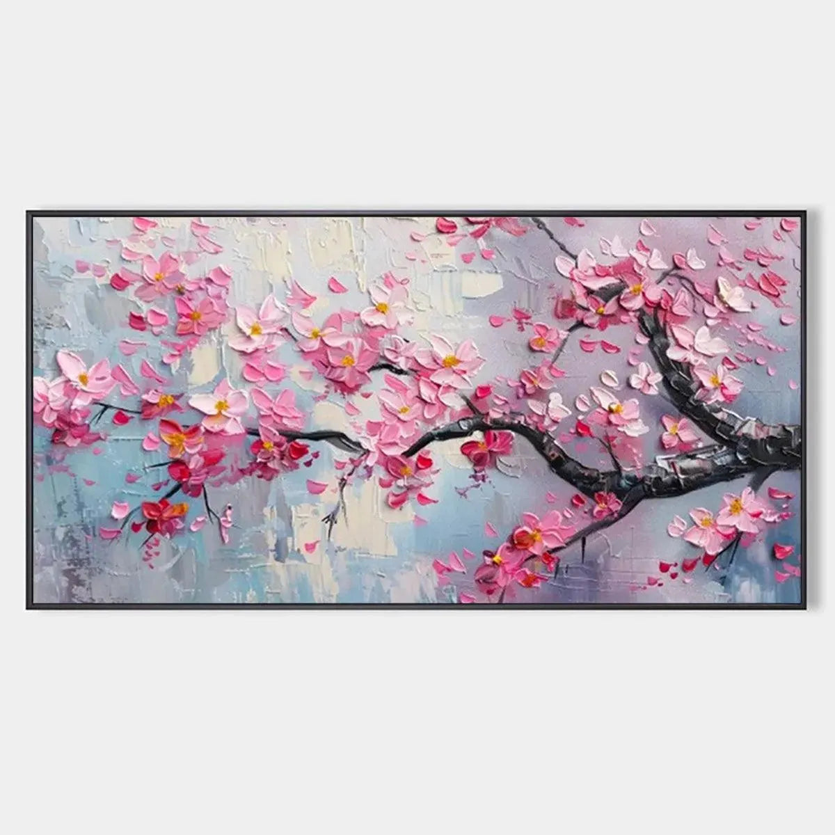 Springtime Serenade cherry blossom painting. Textured pink flowers, horizontal wall art, framed.