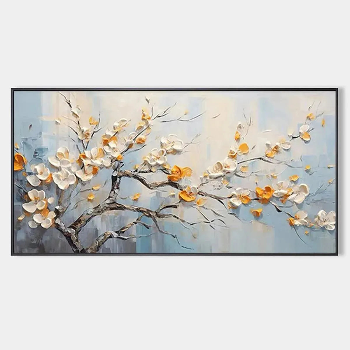 "SPRING BLOSSOMS" textured floral painting by Elodie Dubois: white & gold flowers, blossoming branches on blue/cream.