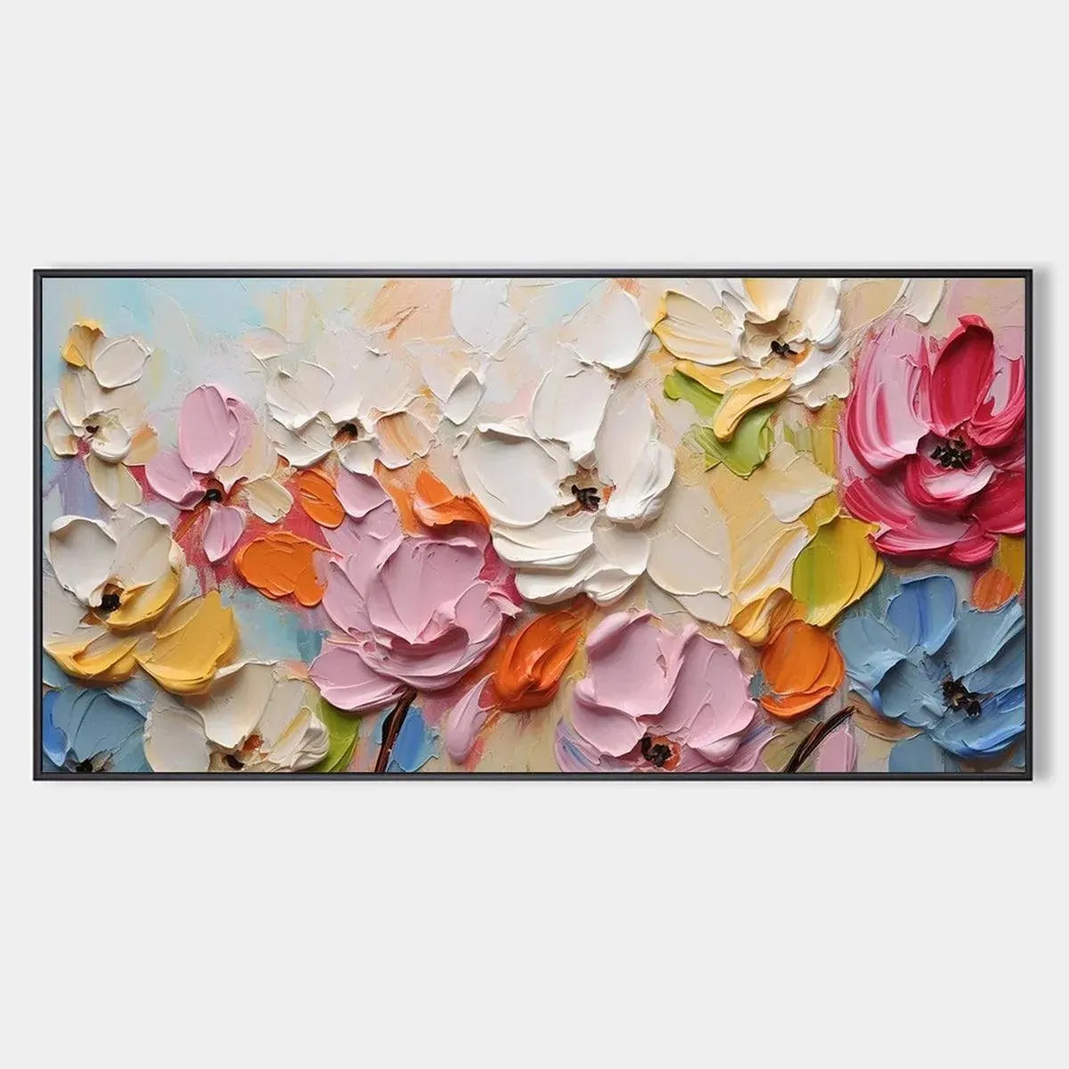 Textured impasto floral painting featuring a bouquet of pastel rainbow flowers by Isabella Rossi.