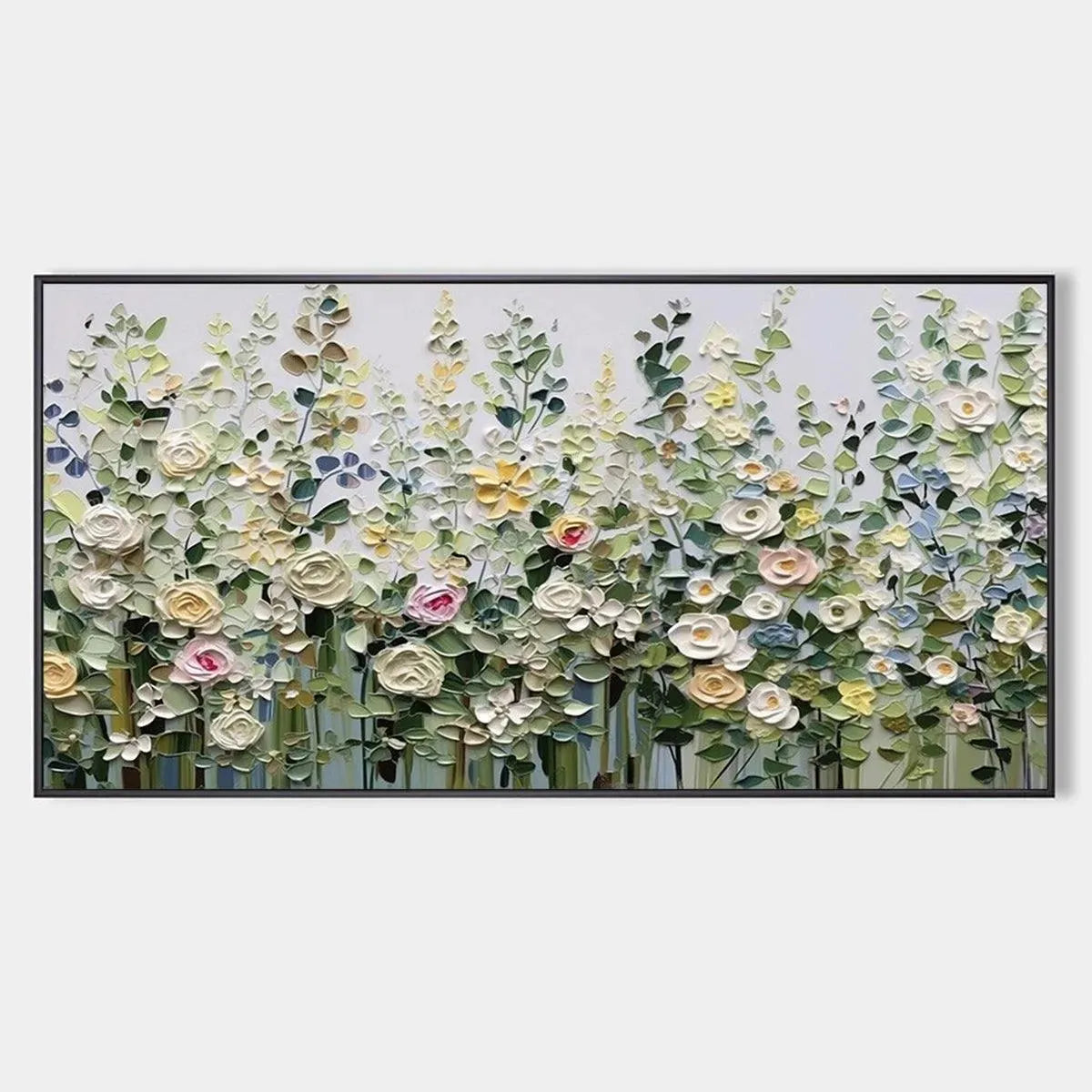 Textured impasto painting: Spring Meadow floral artwork with roses and wildflowers in cream, pink, yellow.
