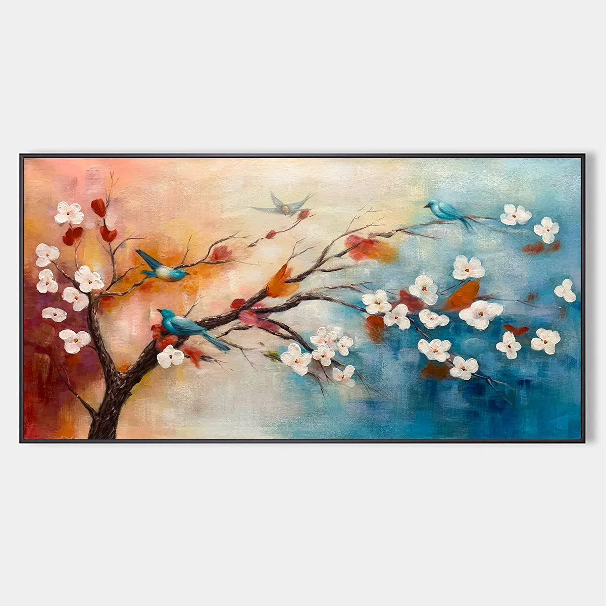 Panoramic Blossom Tree Painting with Colorful Birds