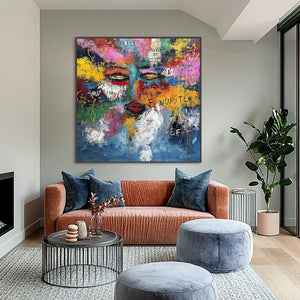 STATIC REVERIE: Colorful Abstract Graffiti Style Face Oil Painting