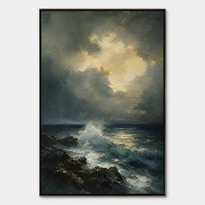 Stormy ocean seascape oil painting with crashing waves and dramatic dark clouds