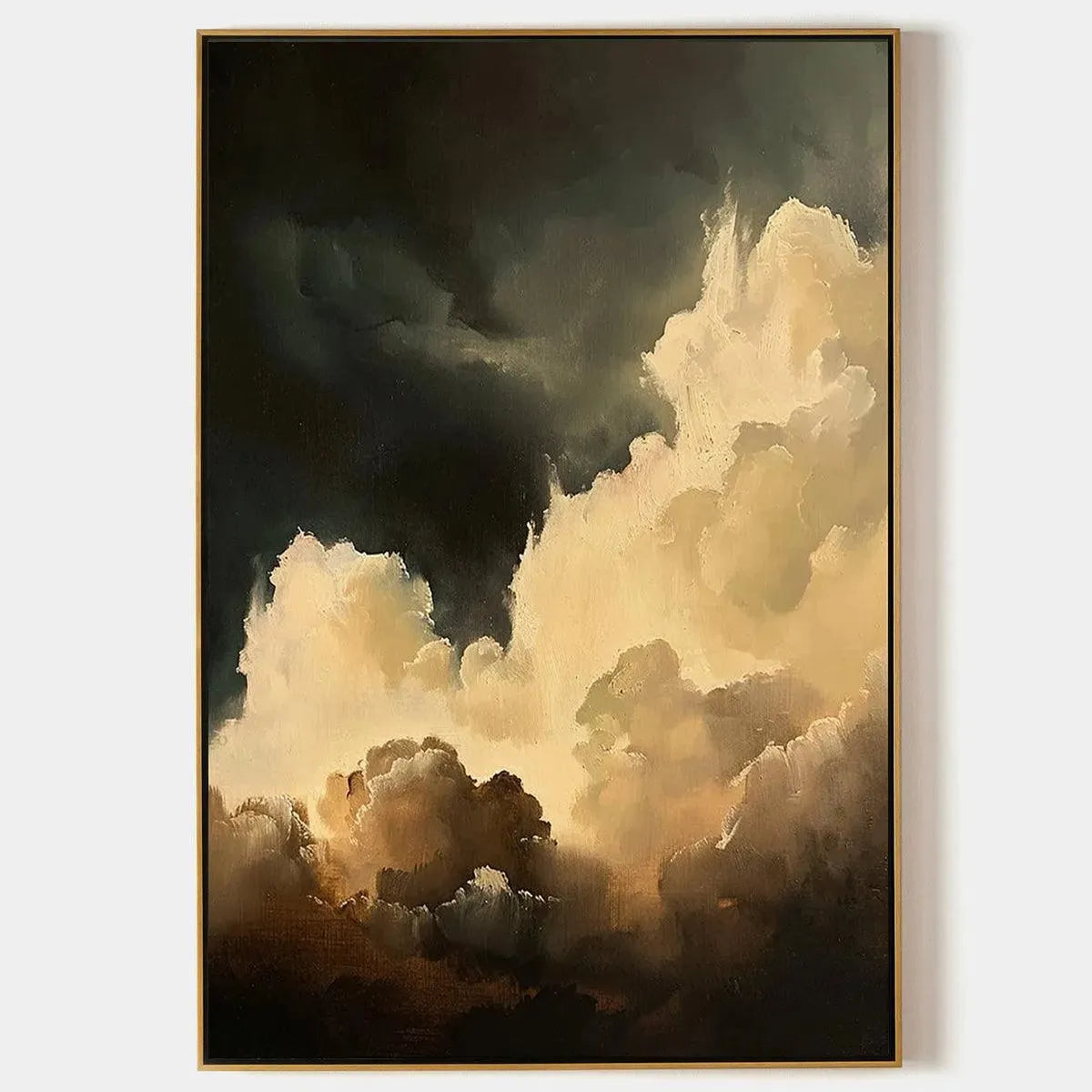Stormy Skies painting by Liam O'Connell, vertical cloudscape art with dark and light hues in a gold frame.