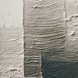 Original textured Wabi Sabi abstract painting with impasto layers in beige, brown, and deep blue.
