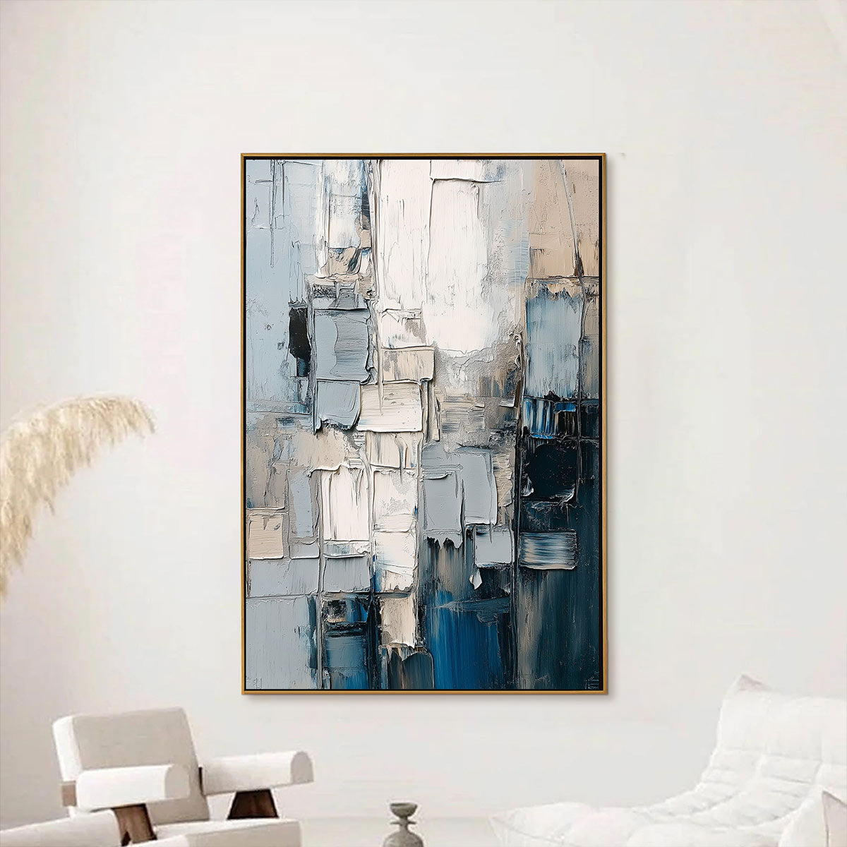 Stratum: Original Abstract Textured Oil Painting - Blue White Grey Impasto Vertical Wall Art