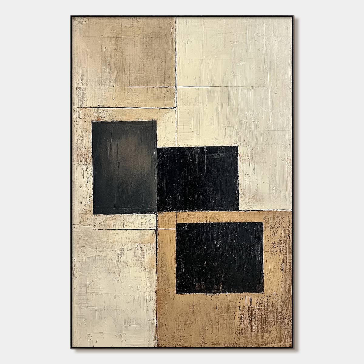 Structured Balance: Original Minimalist Abstract Oil Painting - Black and Beige Wall Art