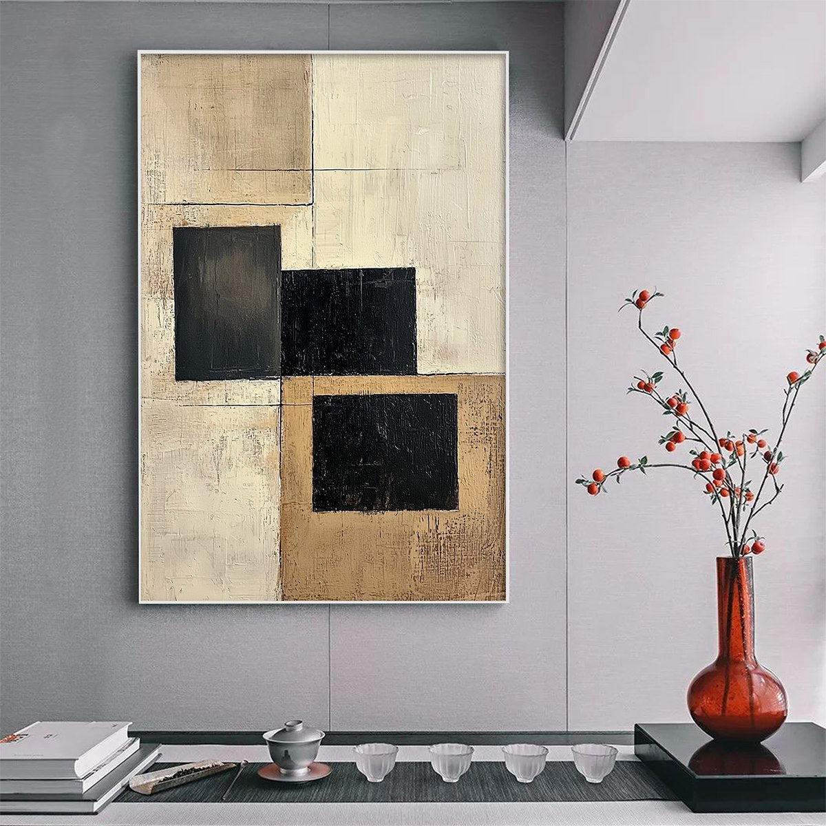 Structured Balance: Original Minimalist Abstract Oil Painting - Black and Beige Wall Art