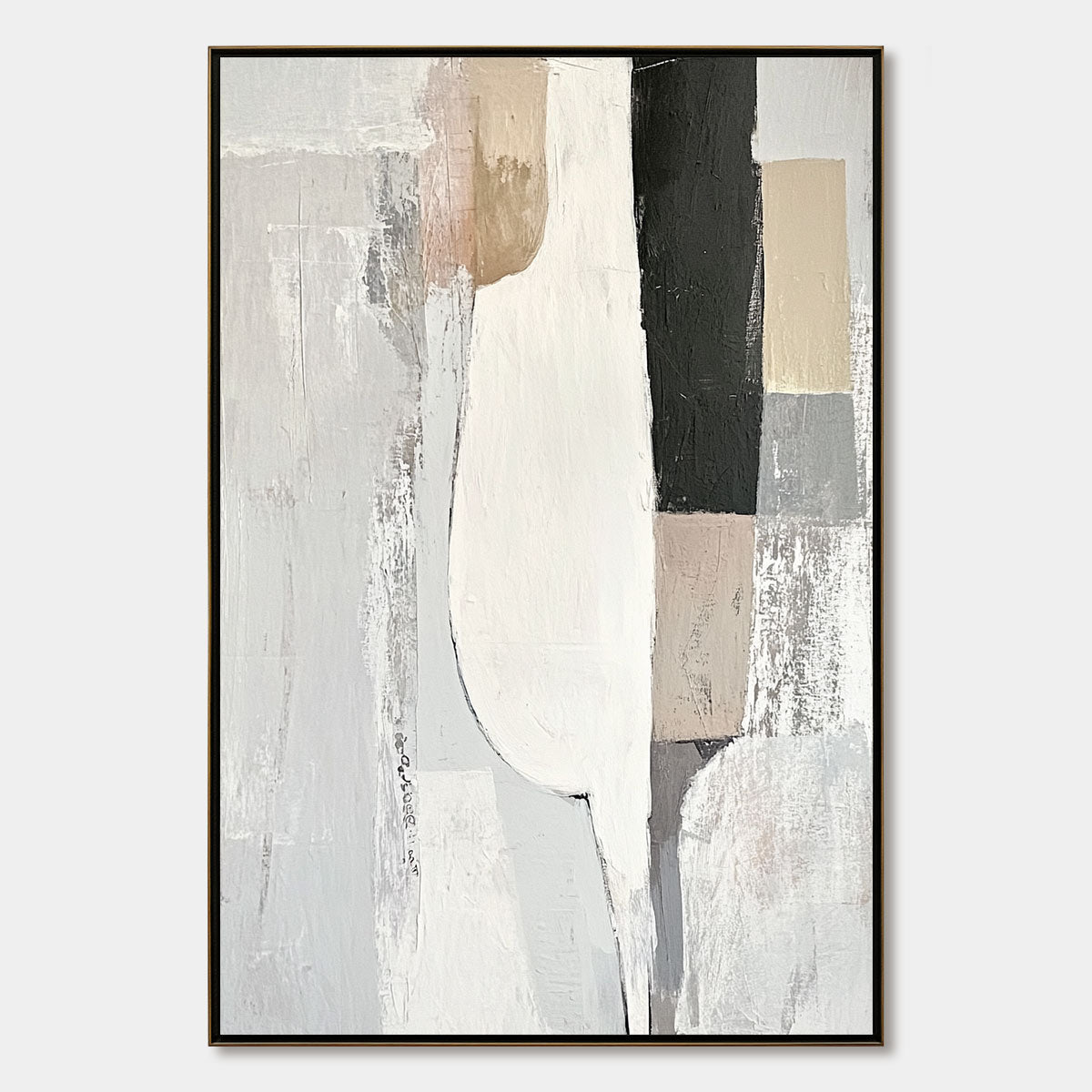 Structured Calm: Original Textured Abstract Oil Painting - Vertical Minimalist Neutral Wall Art