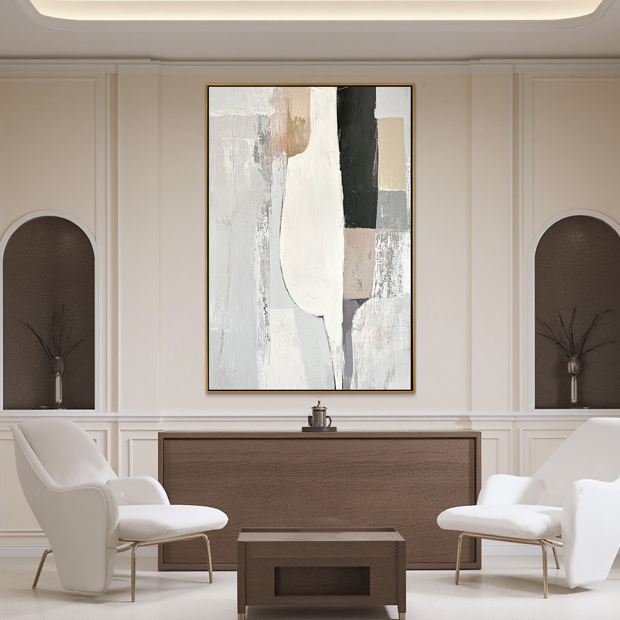 Structured Calm: Original Textured Abstract Oil Painting - Vertical Minimalist Neutral Wall Art