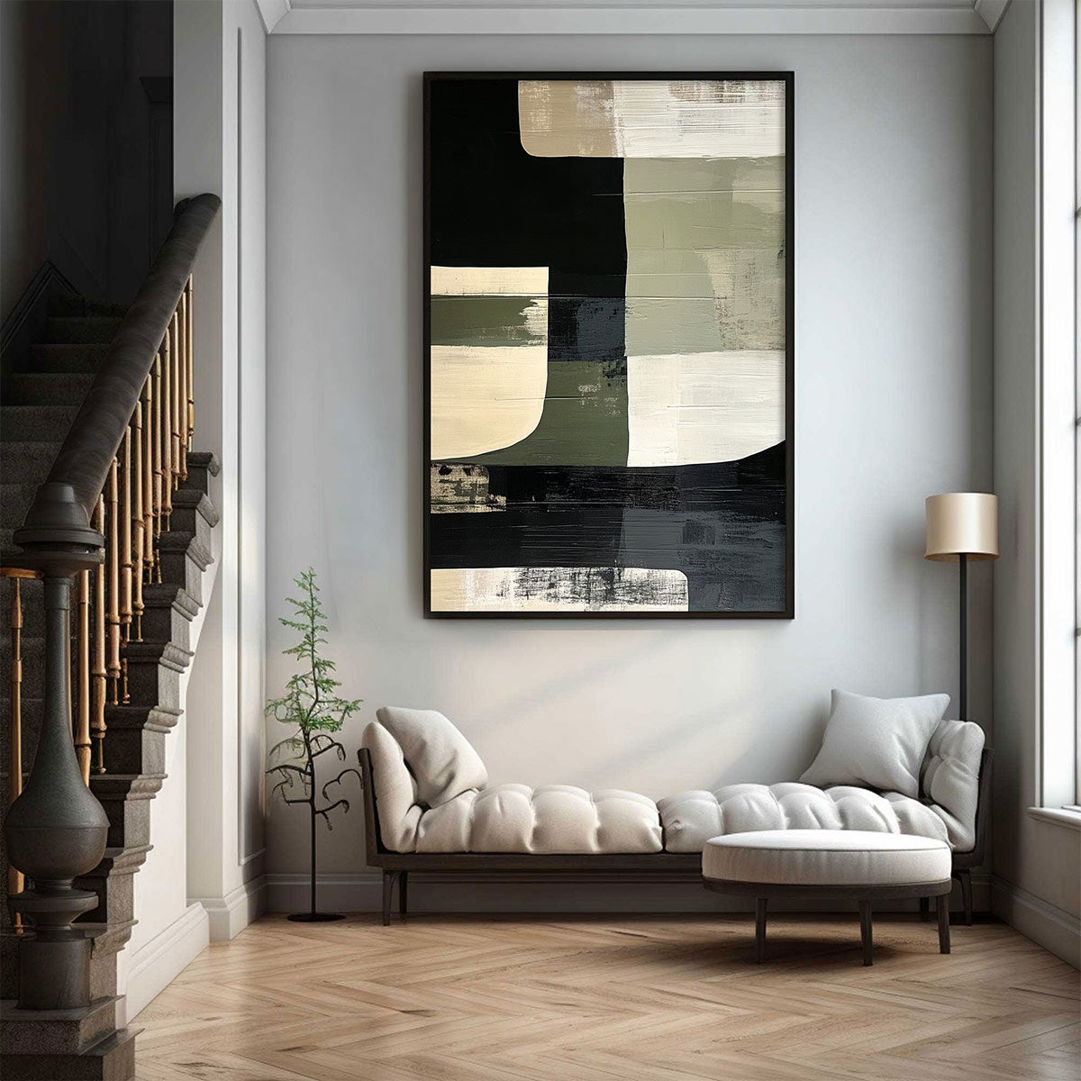 Structured Forms: Original Minimalist Abstract Oil Painting - Block Color Vertical Wall Art