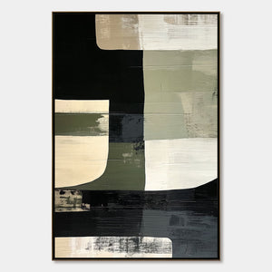 Contrast: Original Abstract Geometric Oil Painting - Black, White, Beige Wall Art Decor