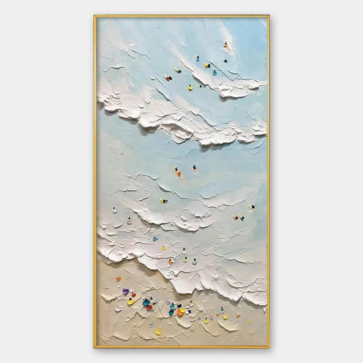 Textured beach painting 'Summer Beach' by Willow Davies, featuring surfers, swimmers, and colorful umbrellas.