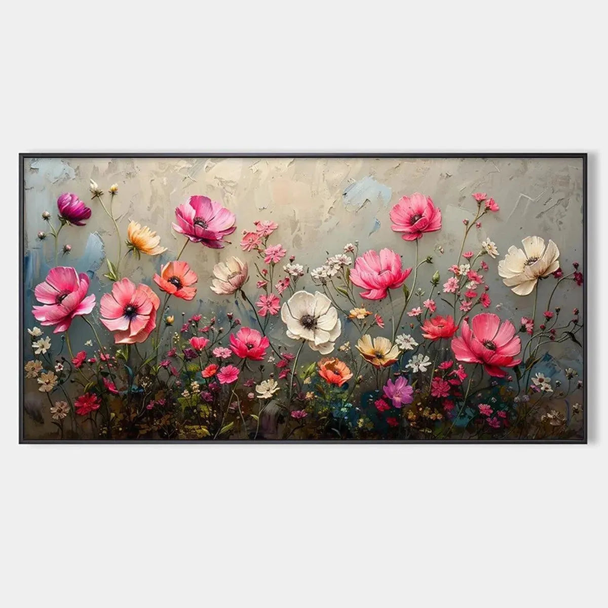 SUMMER BLOOM: Textured pink and white floral impasto painting on grey background.