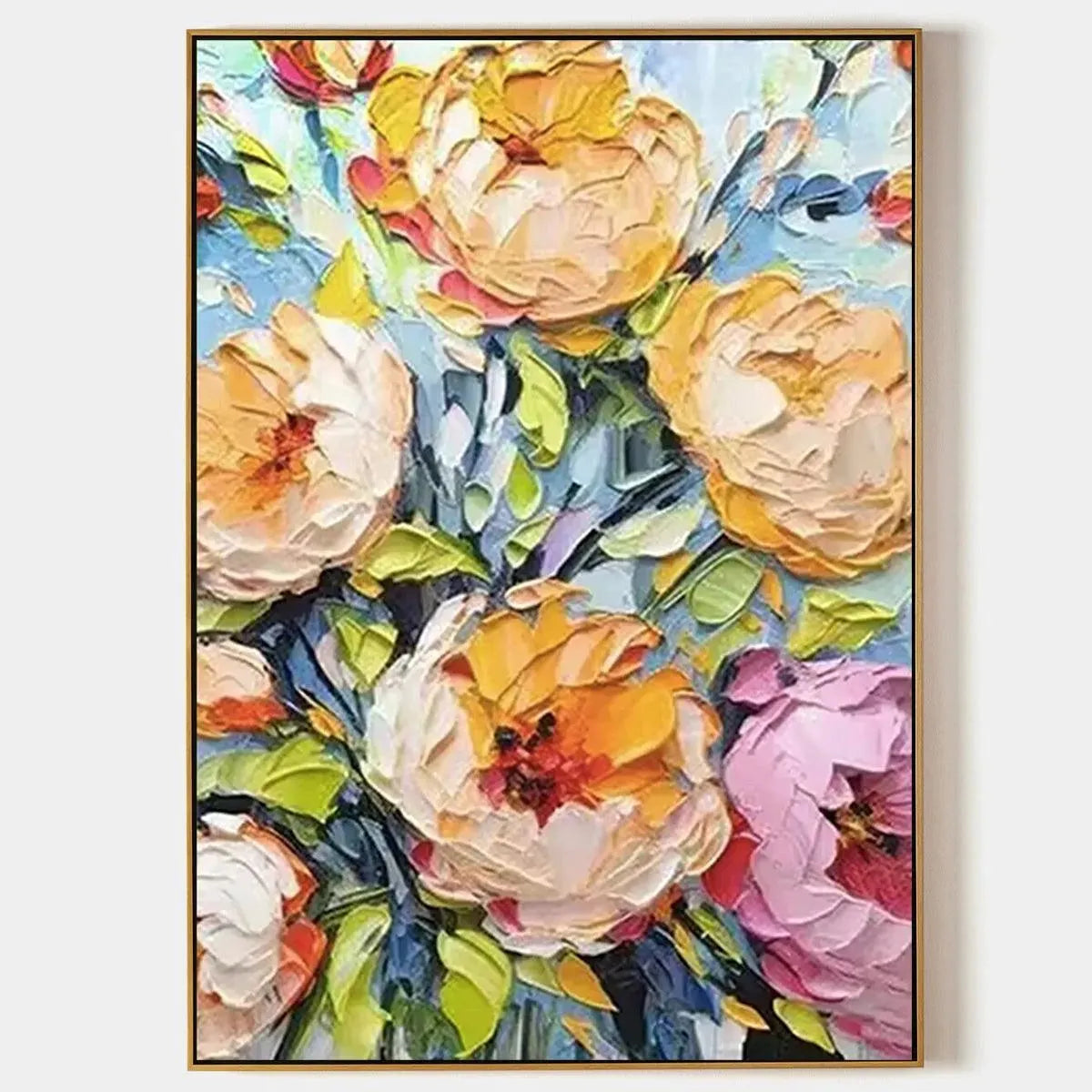 Textured impasto floral painting, yellow and pink flowers on blue background by Elodie Dubois.