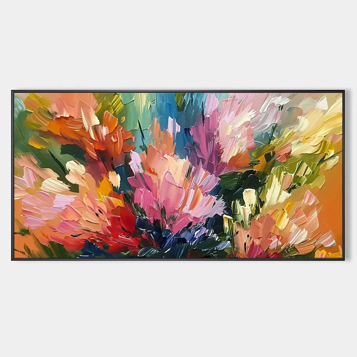 Horizontal "Summer Bouquet" impressionistic floral painting by Elodie Dubois, vibrant impasto colors in black frame.