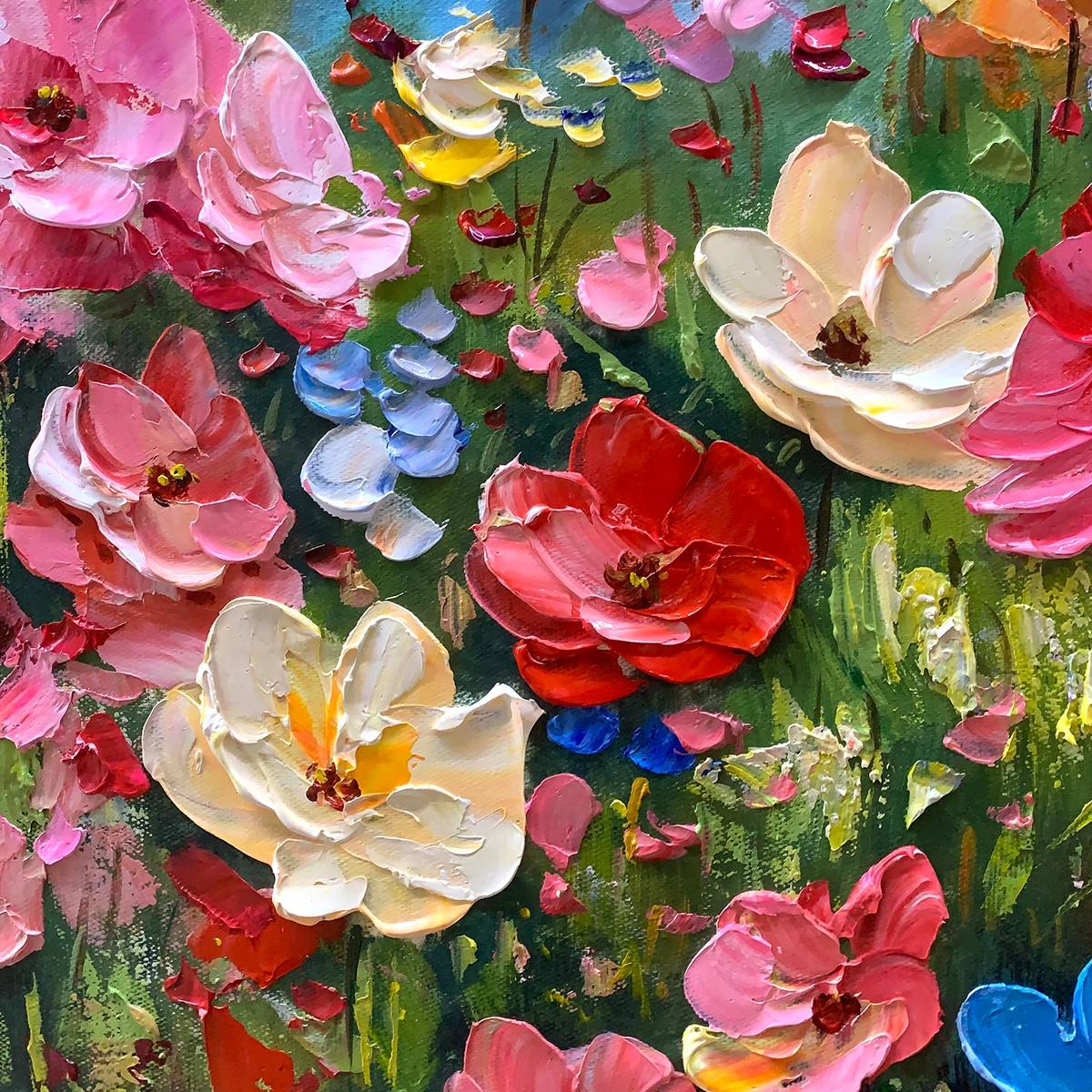 SUMMER MEADOW DANCE: Textured Impasto Floral Oil Painting