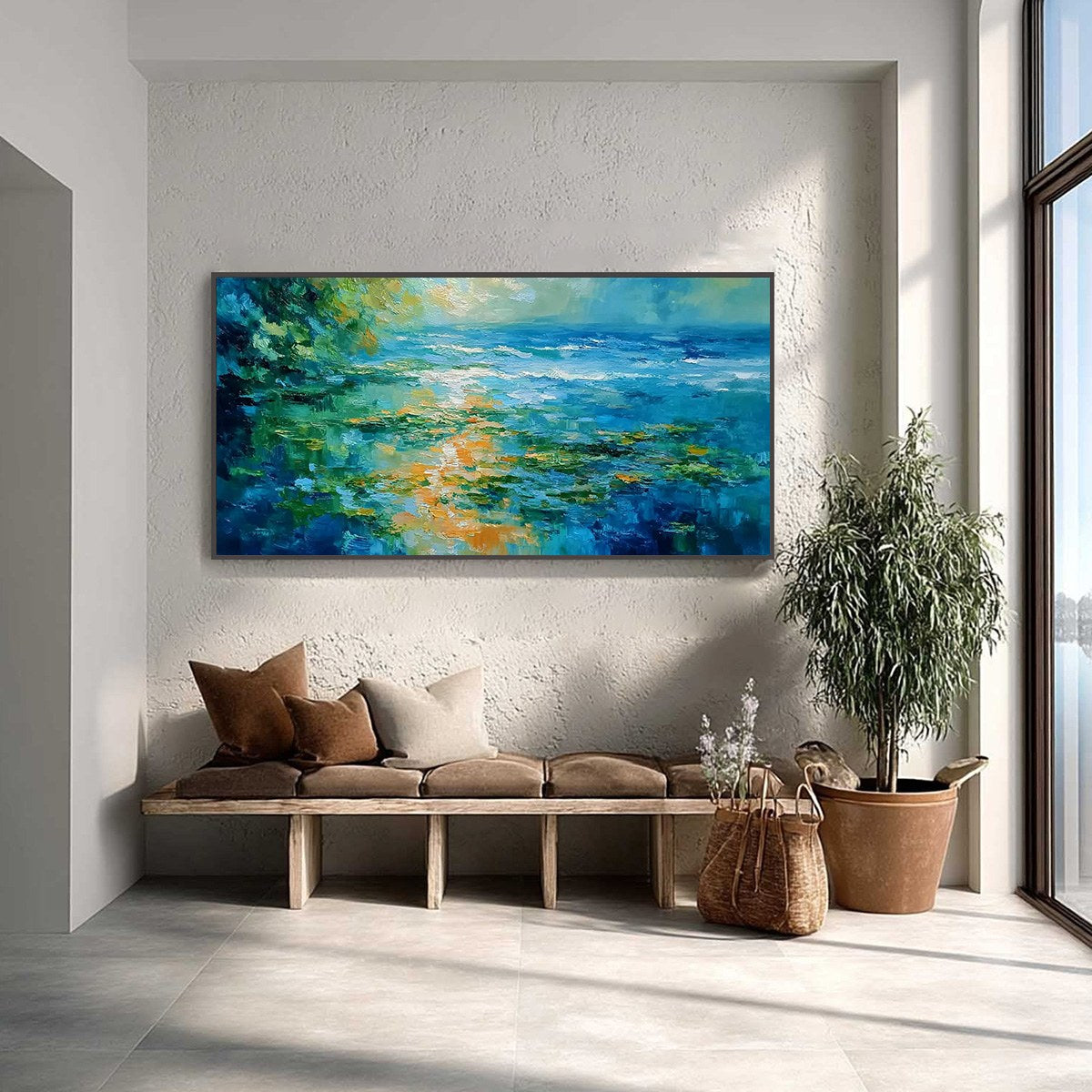 SUN-KISSED LAGOON: Textured Palette Knife Seascape Oil Painting