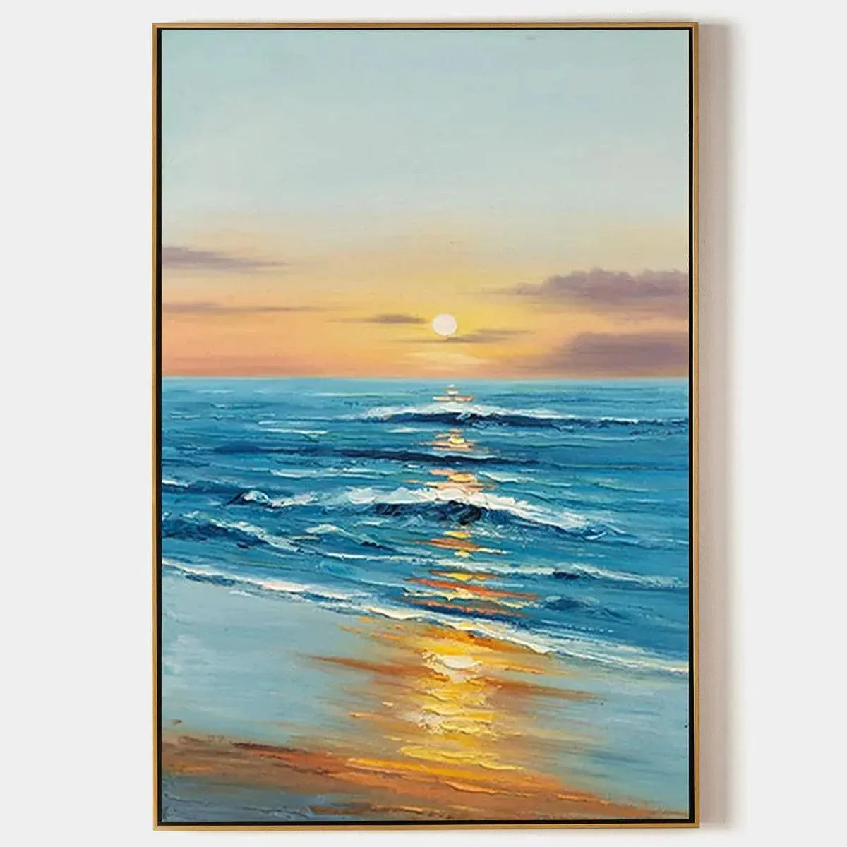 Vertical Sunkissed Shores painting of ocean sunset, blue waves & golden light on sand. Beach wall art.