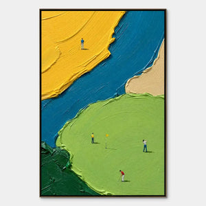 Sunlit Figures abstract people painting with bold yellow, blue, green impasto texture