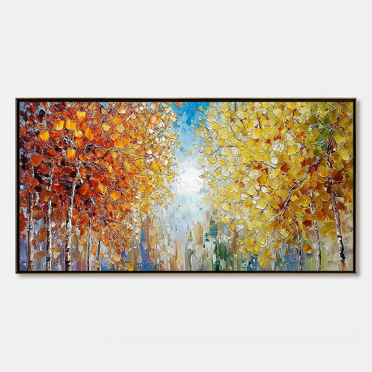 Sunlit Stroll Textured Autumn Forest Oil Painting Wall Art