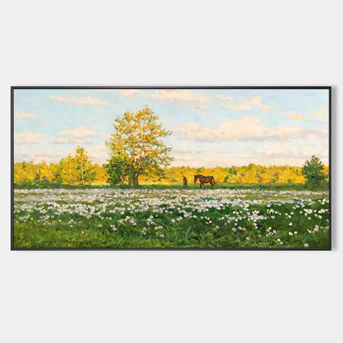 Tranquil oil painting 'Sunlit Meadow': field of white flowers, large tree, figure with horse, black frame.