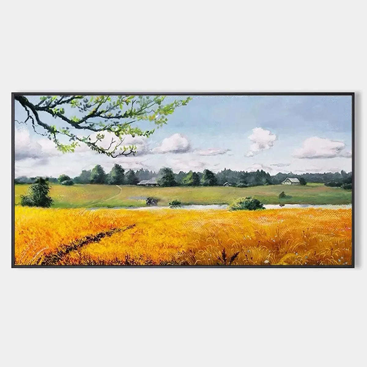 Golden Harvest original oil painting: golden wheat field landscape with distant farmhouse and cloudy sky.