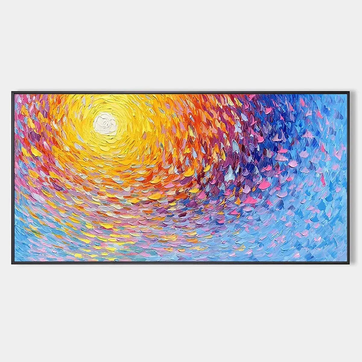 Textured abstract sunrise painting with yellow, orange, pink, purple, and blue impasto strokes by Willow Davies.