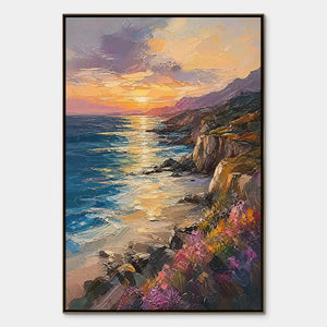 Sunset coastal cliffs oil painting with textured waves and vibrant sky