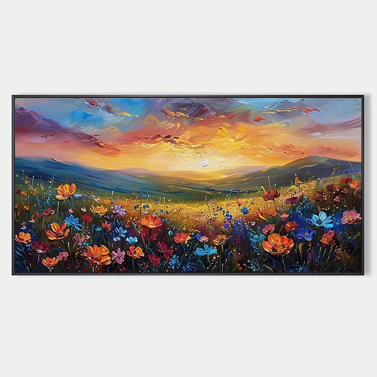 Textured Floral Landscape Painting, Impasto Wall Art, Horizontal Canvas, Sunset Decor
