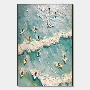 Surf's Up: Original Aerial View Surfers Oil Painting - Textured Ocean Wall Art Decor