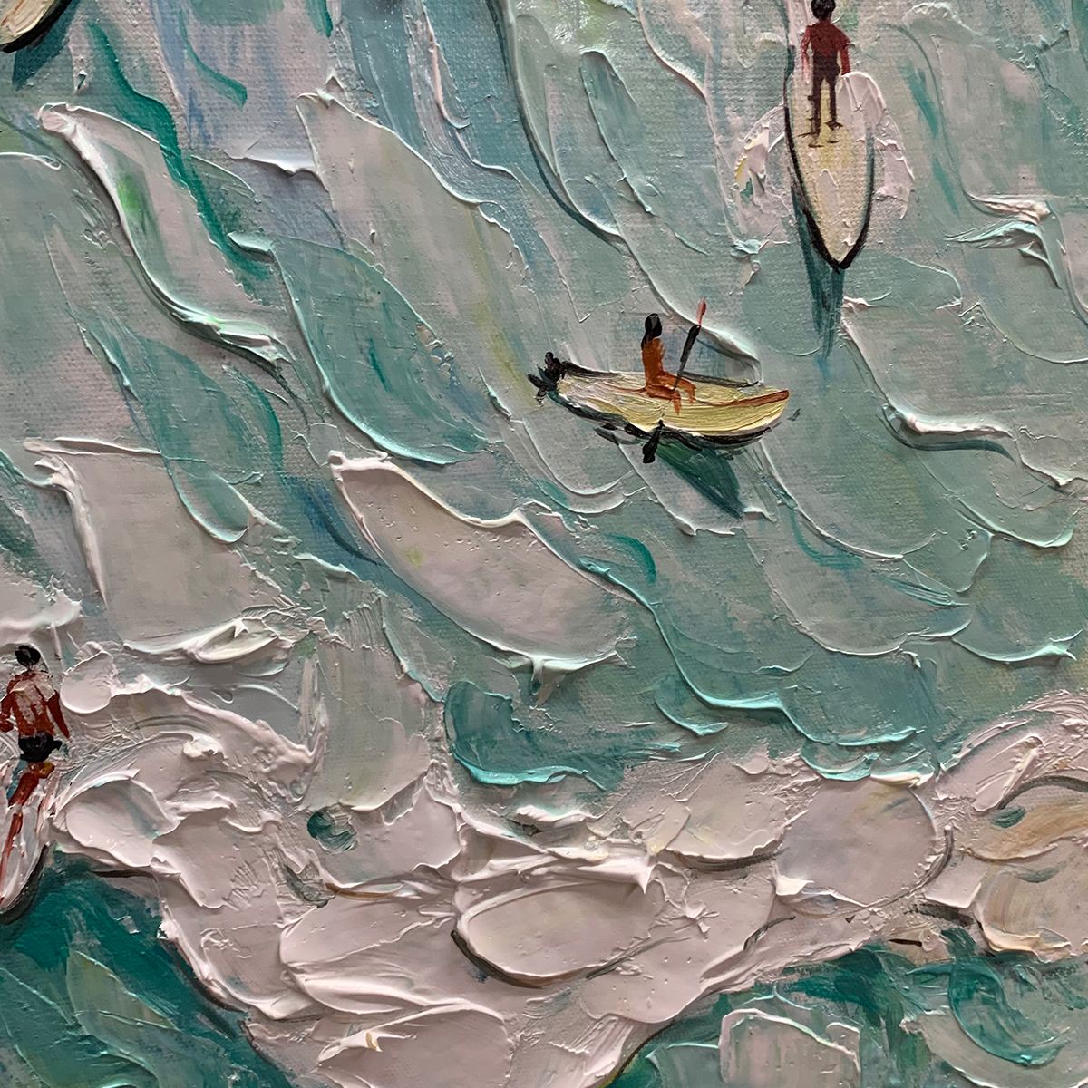 SURF'S UP: Textured Aerial View of Surfers Oil Painting