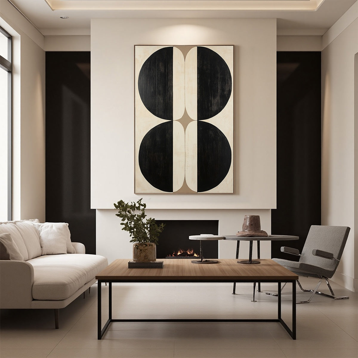 Symmetry: Original Minimalist Geometric Abstract Oil Painting - Black White Beige Vertical Wall Art
