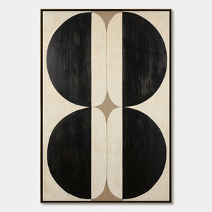 Symmetry: Original Minimalist Geometric Abstract Oil Painting - Black White Beige Vertical Wall Art