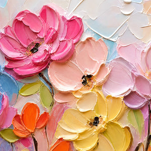 Colorful impasto floral oil painting with pink, peach, yellow, and orange blossoms