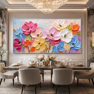 Colorful impasto floral oil painting with palette knife texture above a luxury dining table
