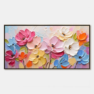 Colorful impasto floral wall art with thick handmade oil paint petals