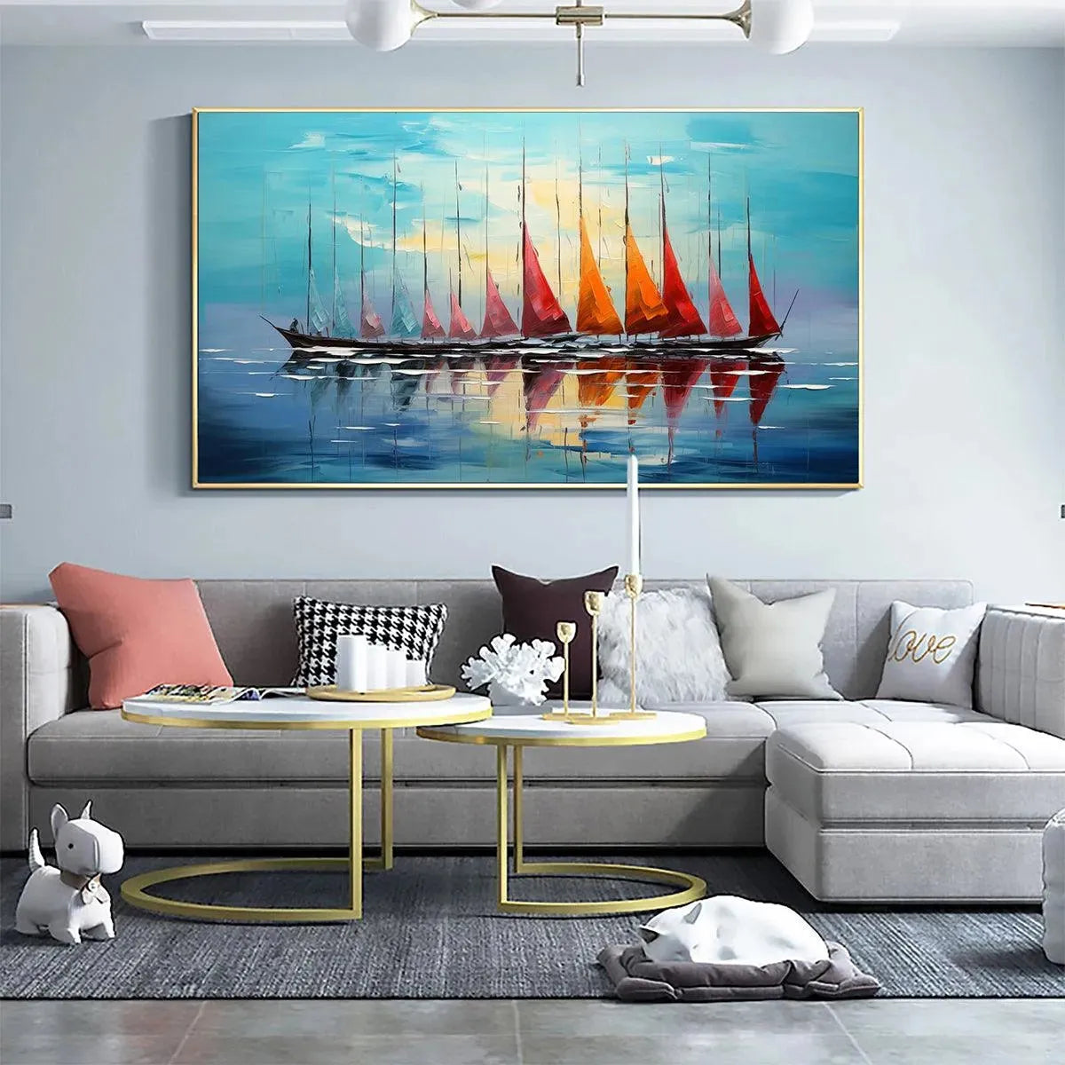 Sailing into Sunset: Panoramic Sailboat Painting | Colorful | Beach & Sea | Living Room, Office, Hotel