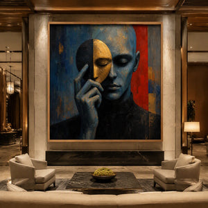 Masked Reverie in a refined hotel interior with wood frame