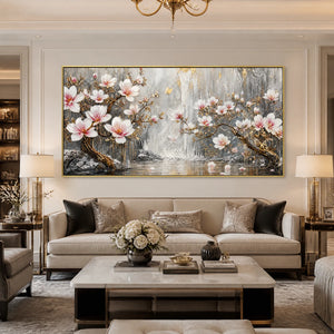 Magnolia Horizon in a refined living room with gold frame