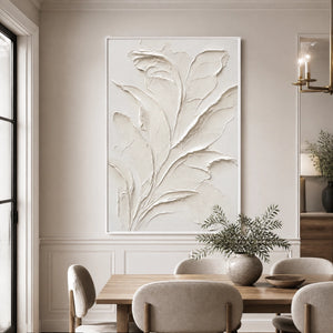 Ivory Botanical Relief in a refined dining room with white frame