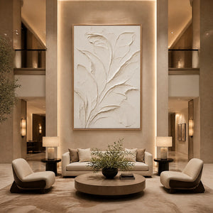 Ivory Botanical Relief in a refined hotel interior with wood frame