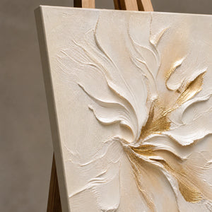 Close-up detail of Ivory Bloom Relief showing hand-painted texture and part of the frame