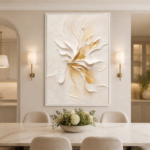 Ivory Bloom Relief in a refined dining room with white frame