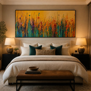 Meadow Embers in a refined bedroom with black frame