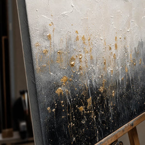Close-up detail of Golden Dust Descent showing hand-painted texture and part of the frame