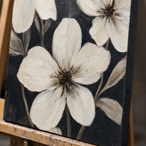Close-up detail of Night Magnolias showing hand-painted texture and part of the frame