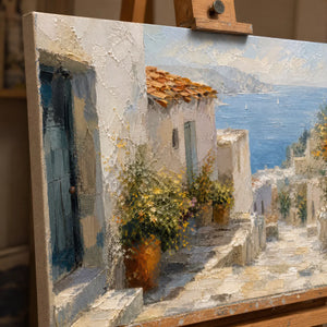 Close-up detail of Aegean Alley showing hand-painted texture and part of the frame