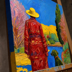 Close-up detail of Scarlet Promenade showing hand-painted texture and part of the frame